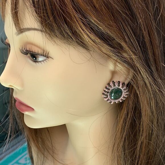 Vtg natural green cab with pink and ab green glass beads round pierced earrings - Picture 11 of 13